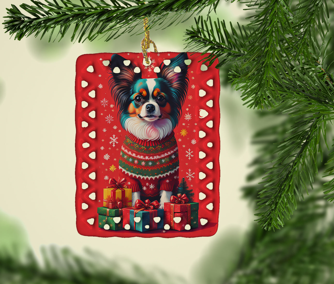 Papillon Holiday Christmas Porcelain Ornament