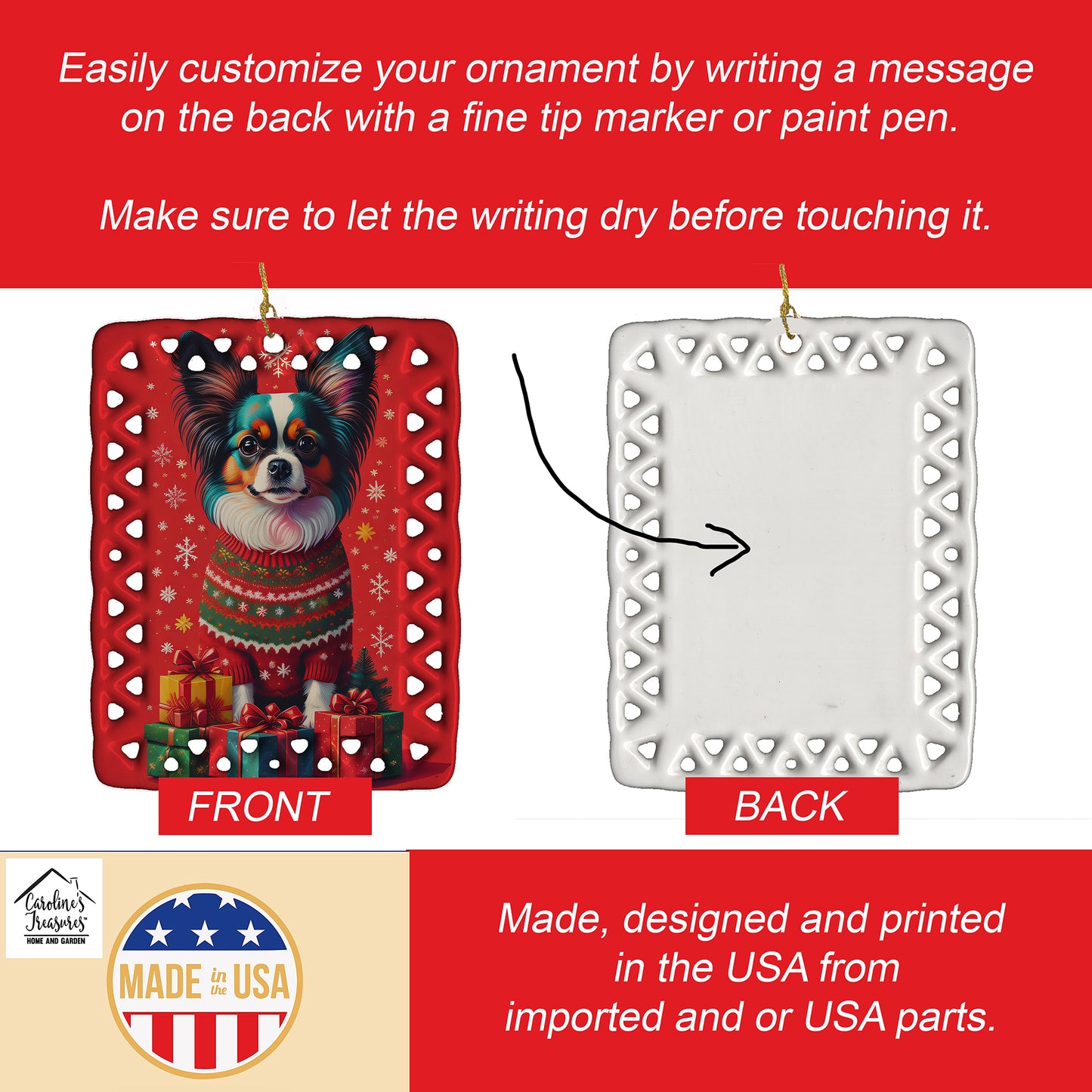 Papillon Holiday Christmas Porcelain Ornament