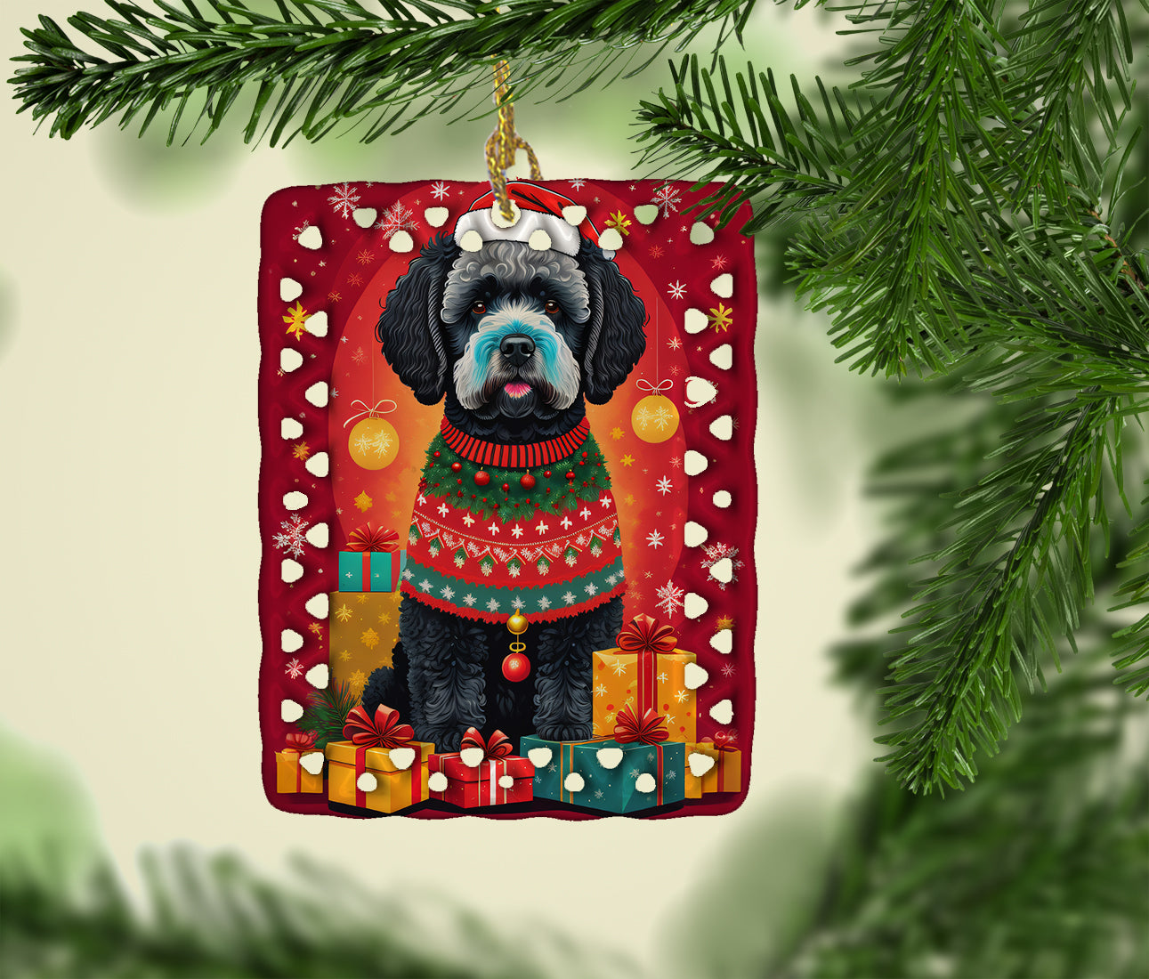 Portuguese Water Dog Holiday Christmas Porcelain Ornament