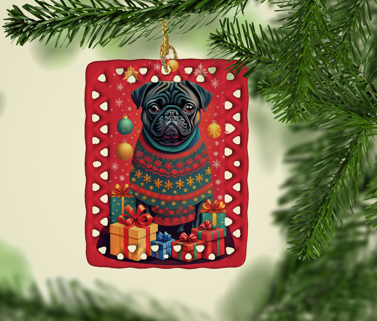Black Pug Holiday Christmas Porcelain Ornament