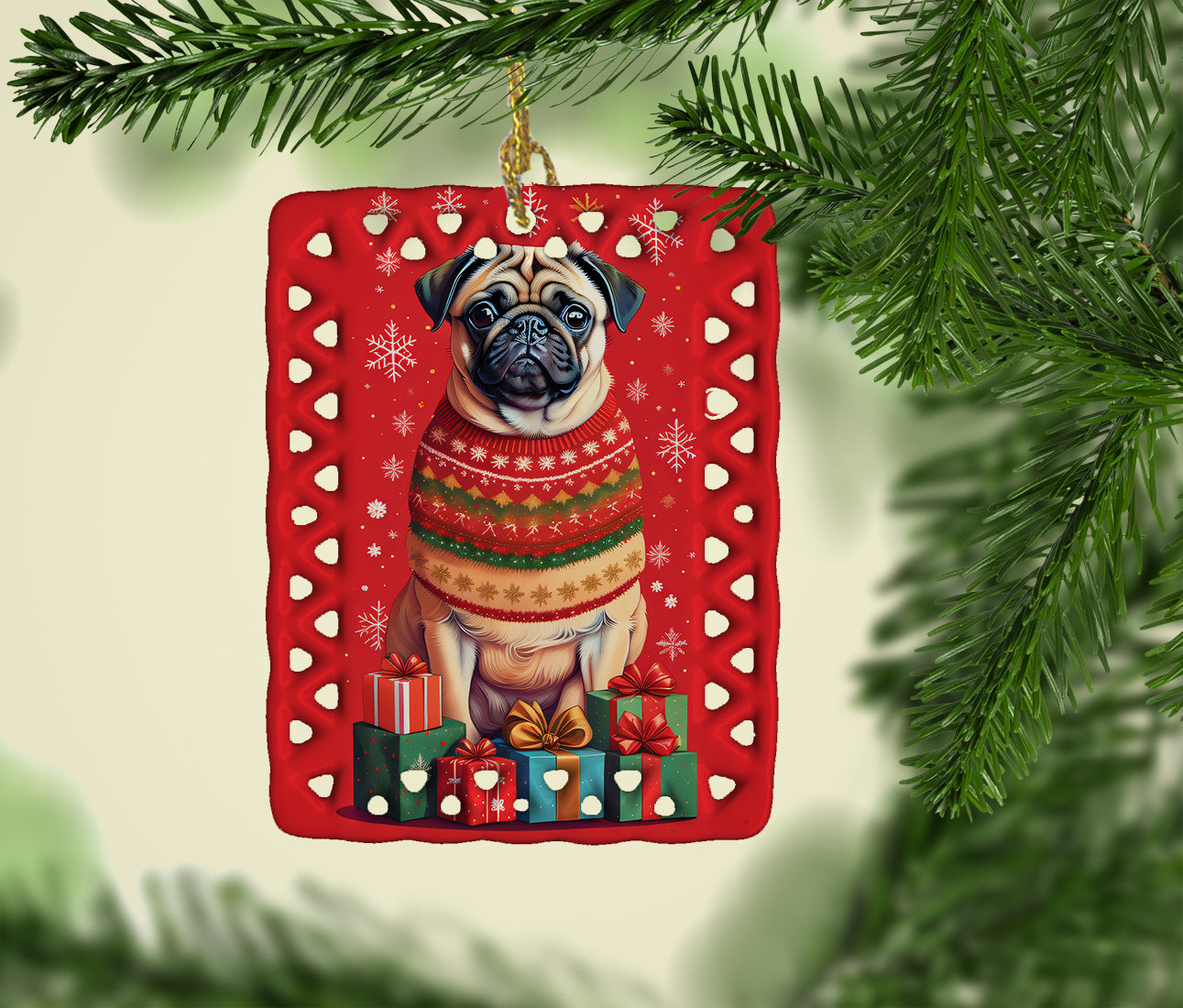 Fawn Pug Holiday Christmas Porcelain Ornament