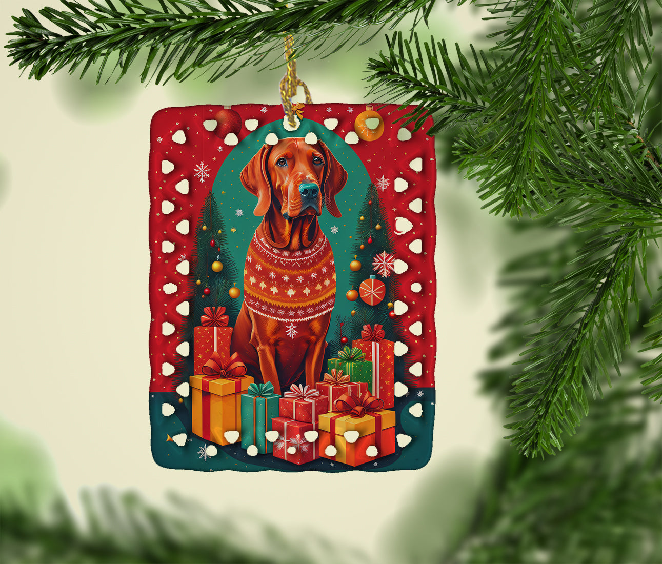 Red Redbone Coonhound Holiday Christmas Porcelain Ornament