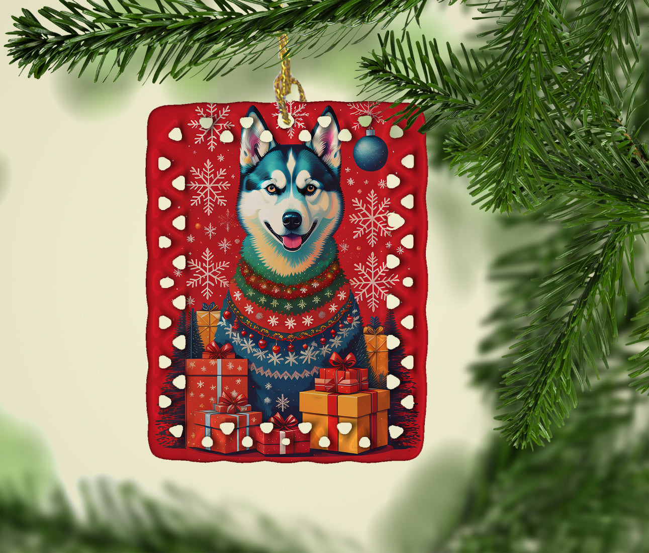 Siberian Husky Holiday Christmas Porcelain Ornament