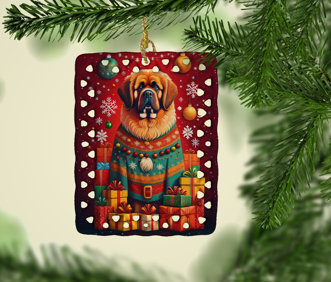 Tibetan Mastiff Holiday Christmas Porcelain Ornament