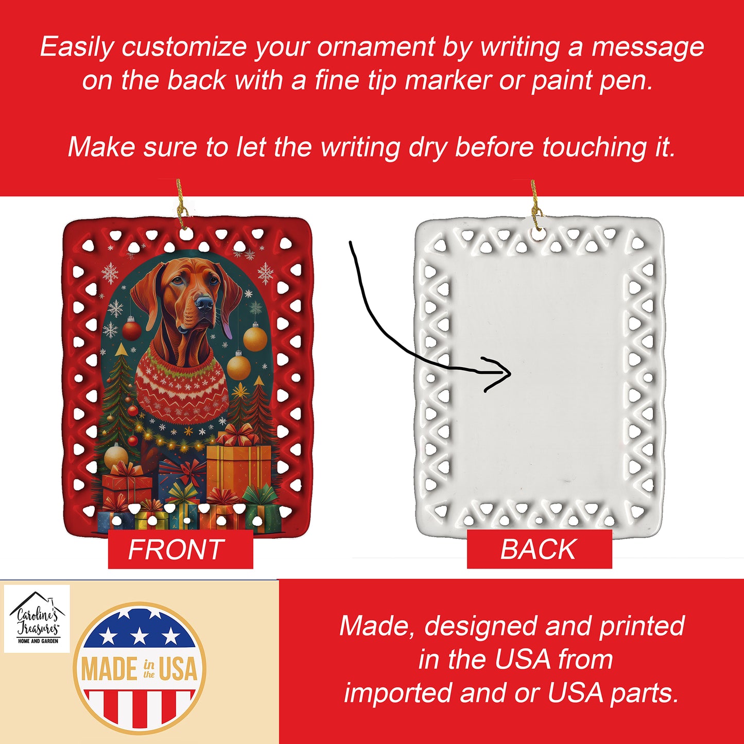 Vizsla Holiday Christmas Porcelain Ornament