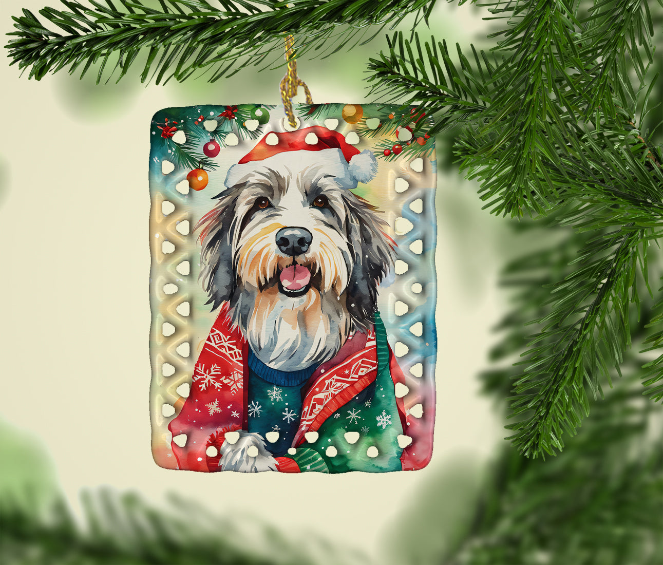 Bearded Collie Christmas Porcelain Ornament