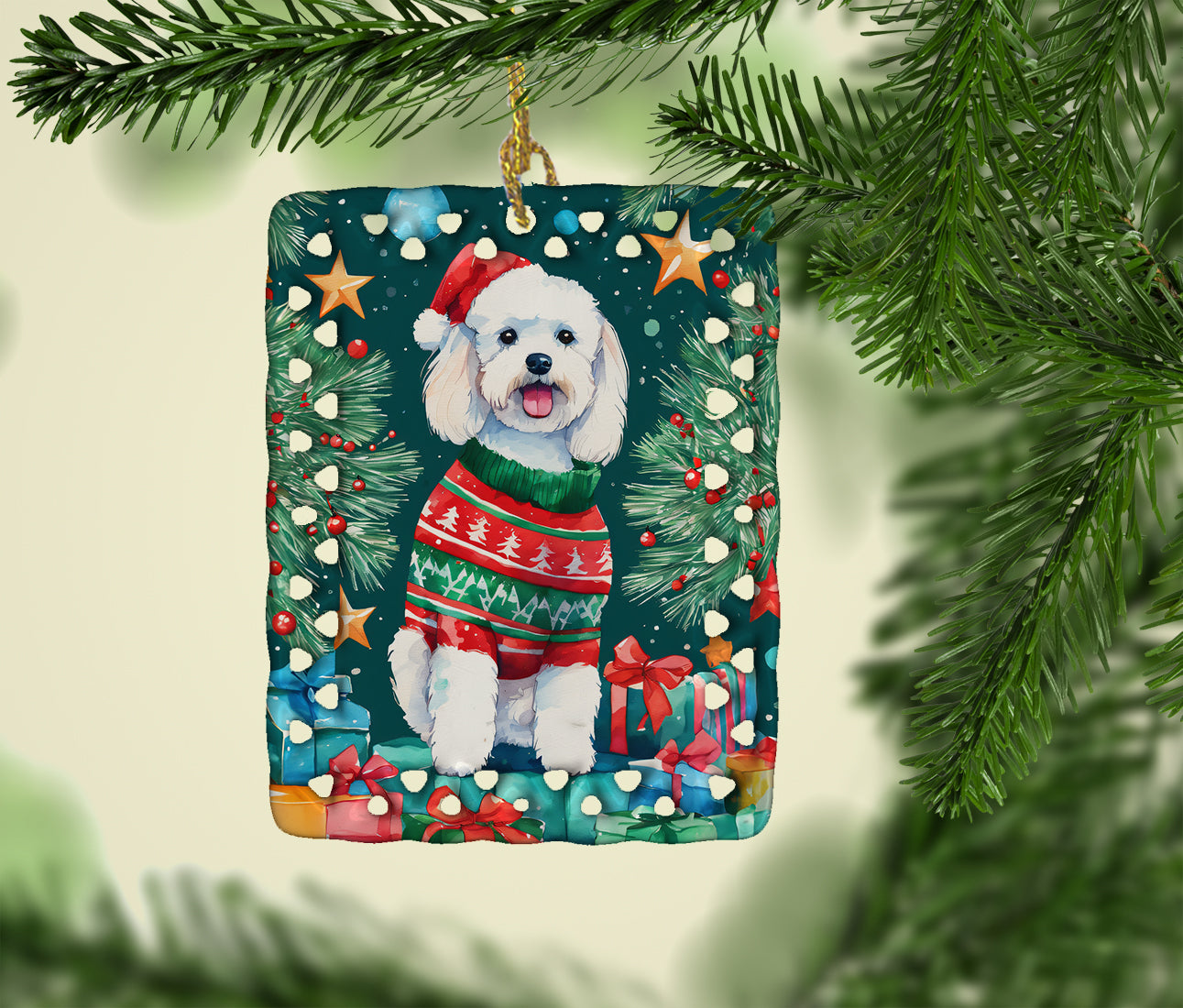 Bichon Frise Christmas Porcelain Ornament