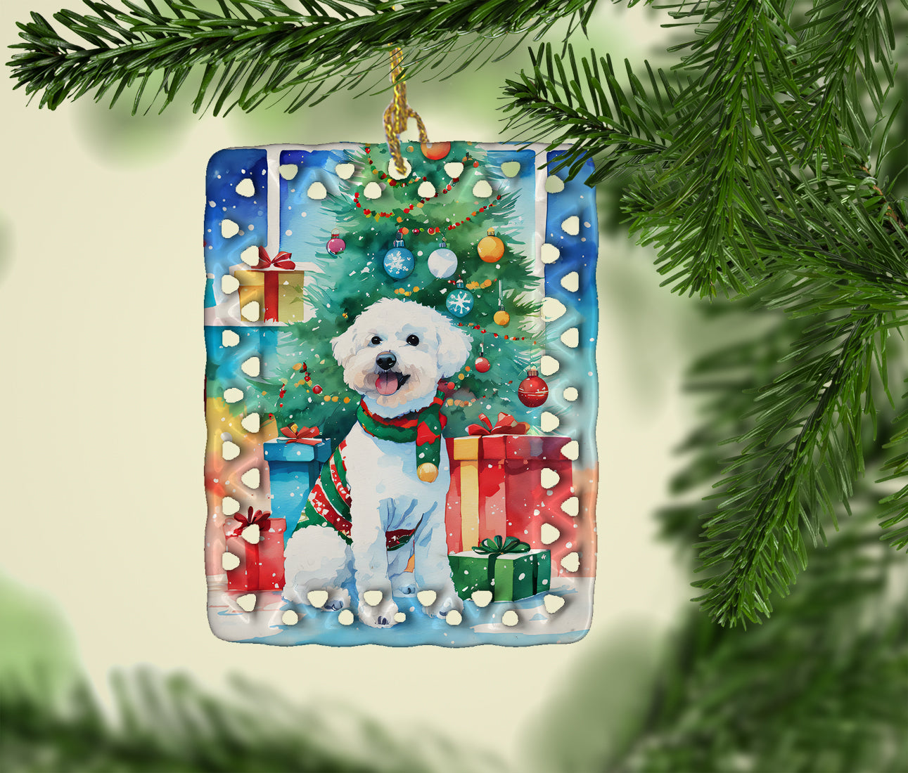 Bichon Frise Christmas Porcelain Ornament