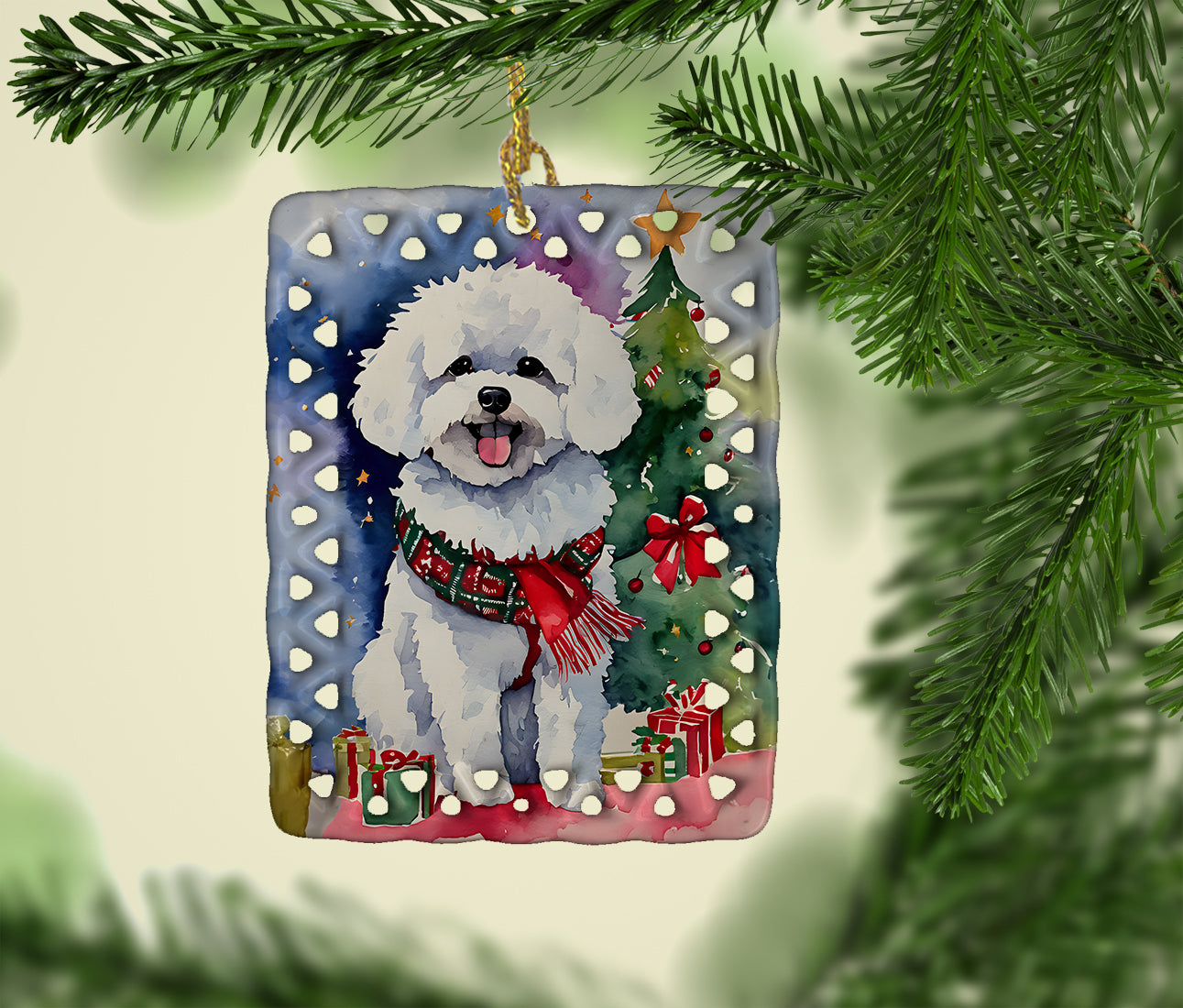 Bichon Frise Christmas Porcelain Ornament