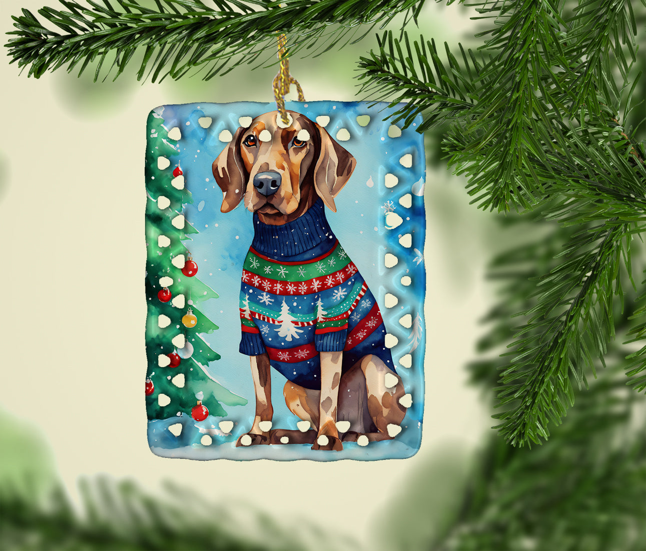 Coonhound Christmas Porcelain Ornament