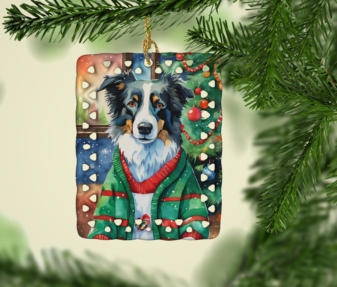 Border Collie Christmas Porcelain Ornament