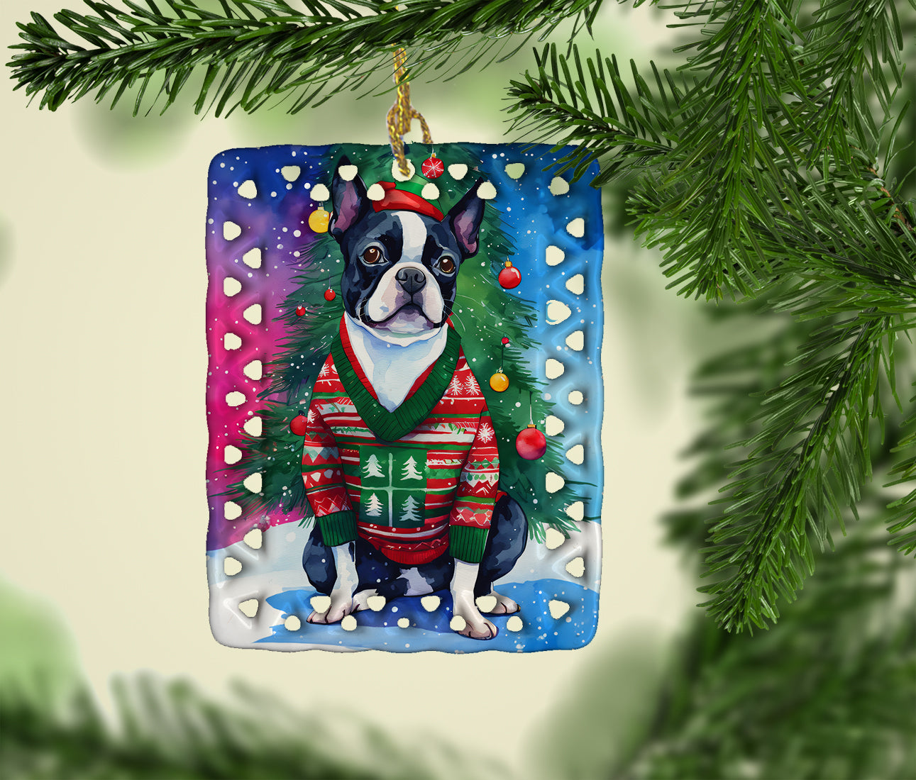 Boston Terrier Christmas Porcelain Ornament