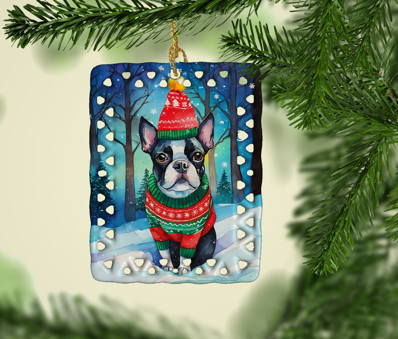 Boston Terrier Christmas Porcelain Ornament