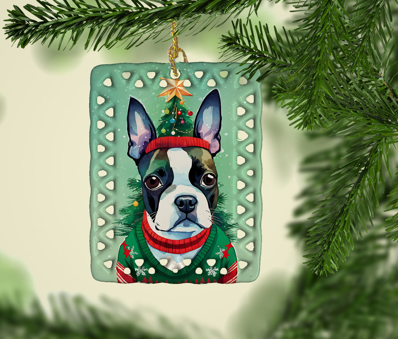 Boston Terrier Christmas Porcelain Ornament