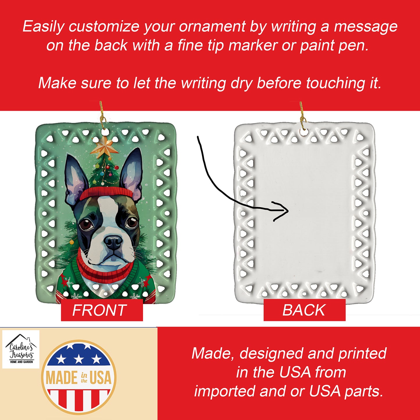 Boston Terrier Christmas Porcelain Ornament