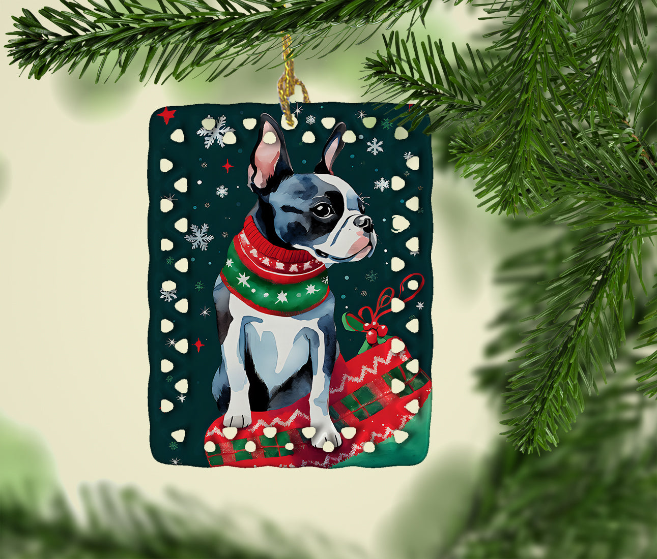 Boston Terrier Christmas Porcelain Ornament