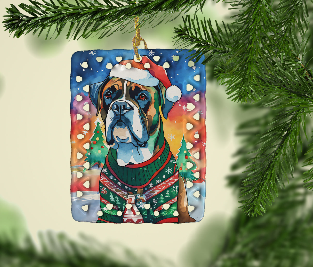 Boxer Christmas Porcelain Ornament