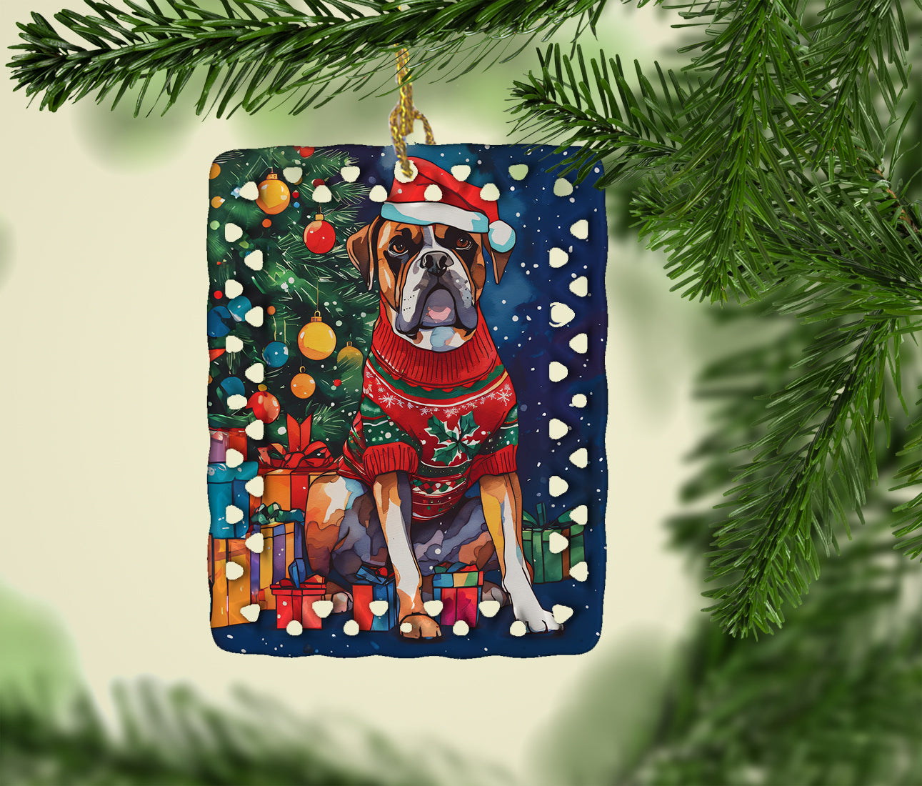 Boxer Christmas Porcelain Ornament