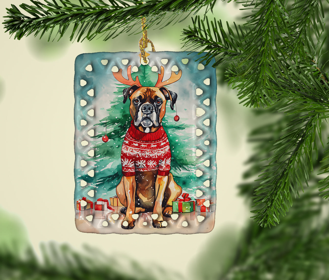 Boxer Christmas Porcelain Ornament