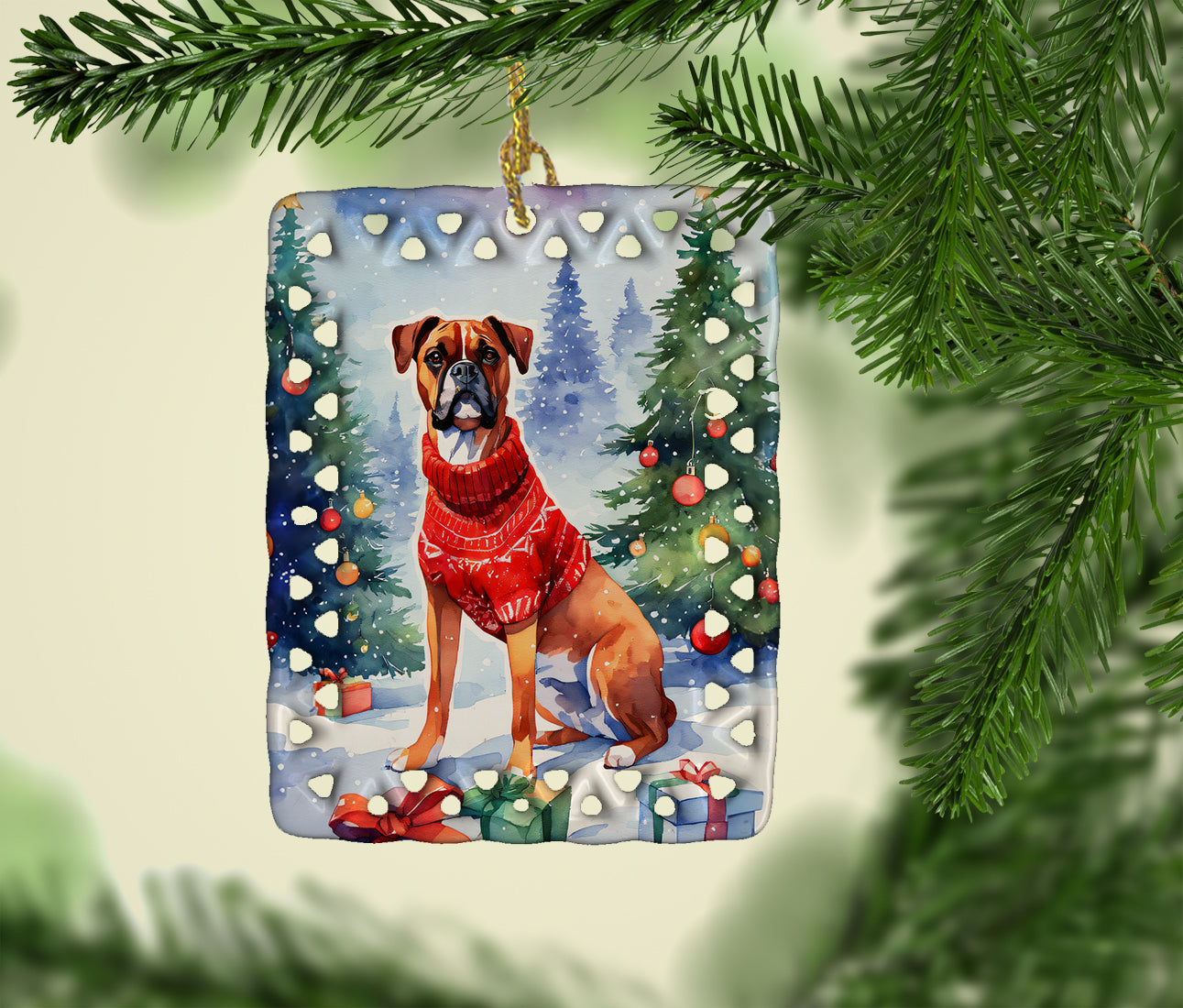 Boxer Christmas Porcelain Ornament