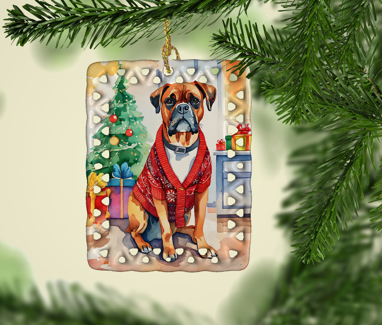 Boxer Christmas Porcelain Ornament