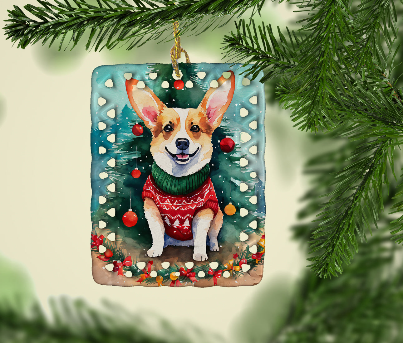 Corgi Christmas Porcelain Ornament