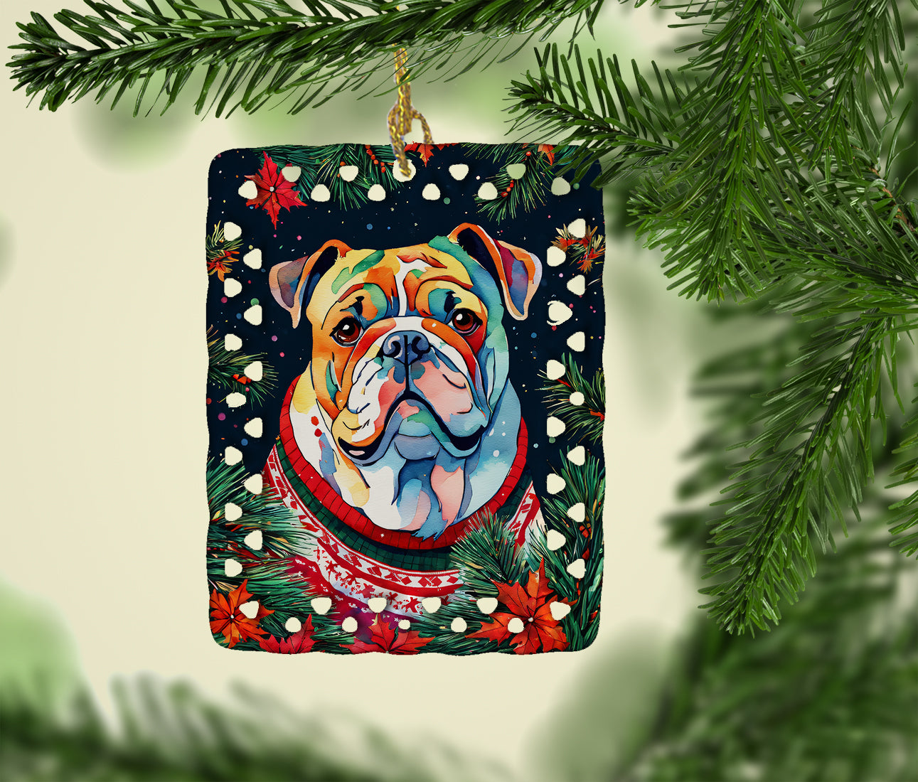 English Bulldog Christmas Porcelain Ornament