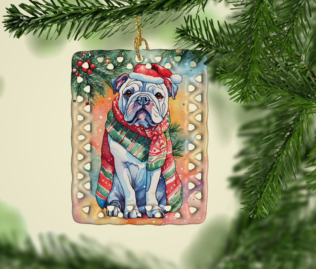 English Bulldog Christmas Porcelain Ornament