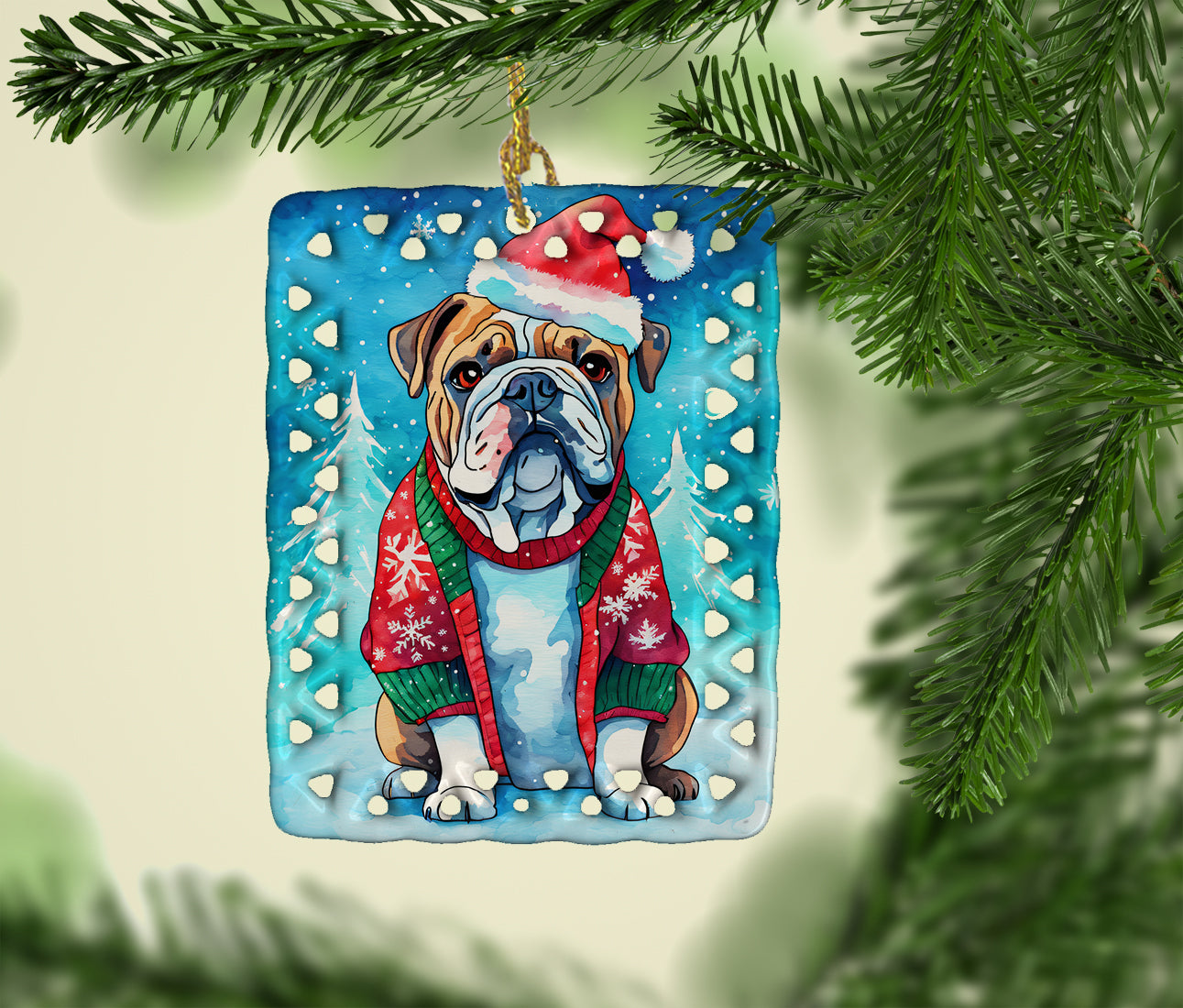English Bulldog Christmas Porcelain Ornament