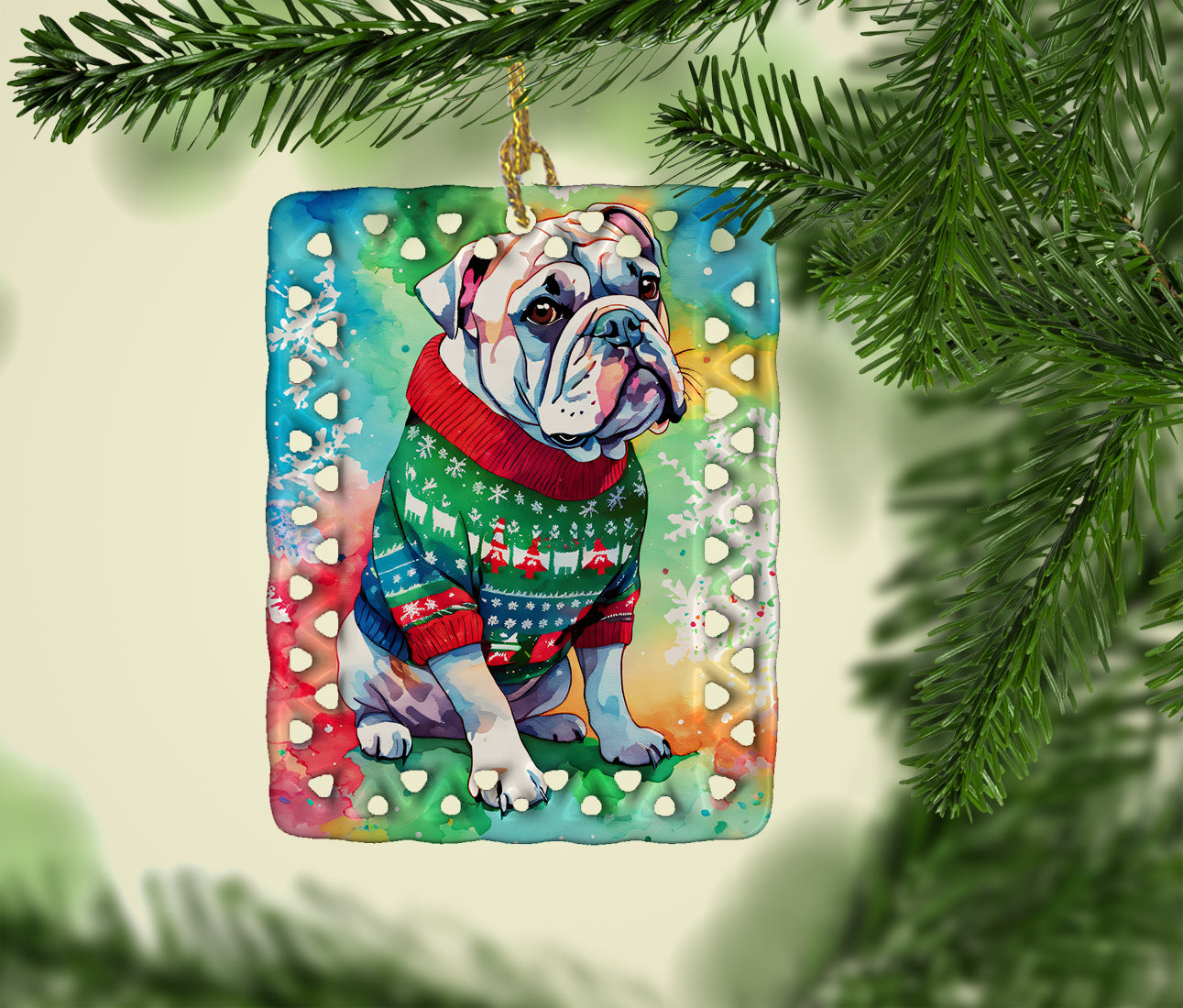 English Bulldog Christmas Porcelain Ornament