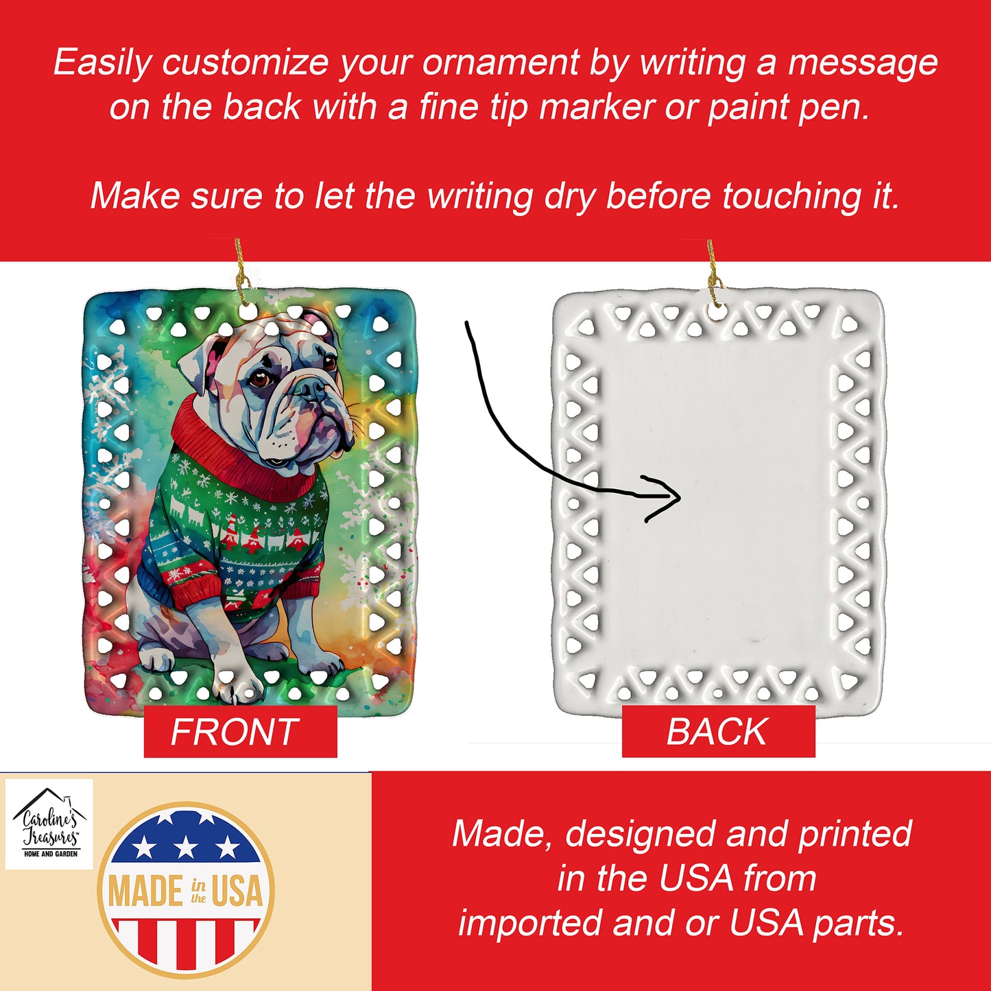 English Bulldog Christmas Porcelain Ornament