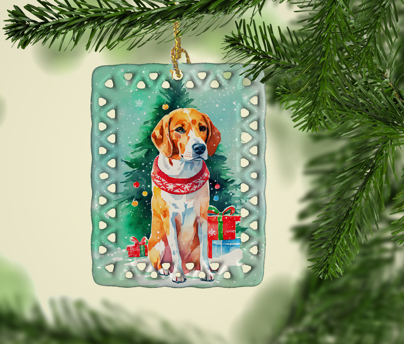 English Foxhound Christmas Porcelain Ornament