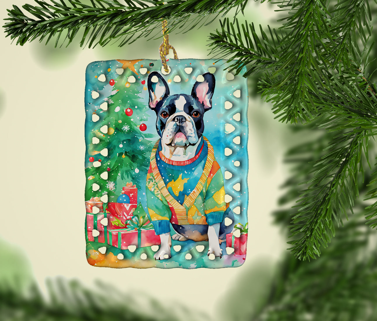 French Bulldog Christmas Porcelain Ornament