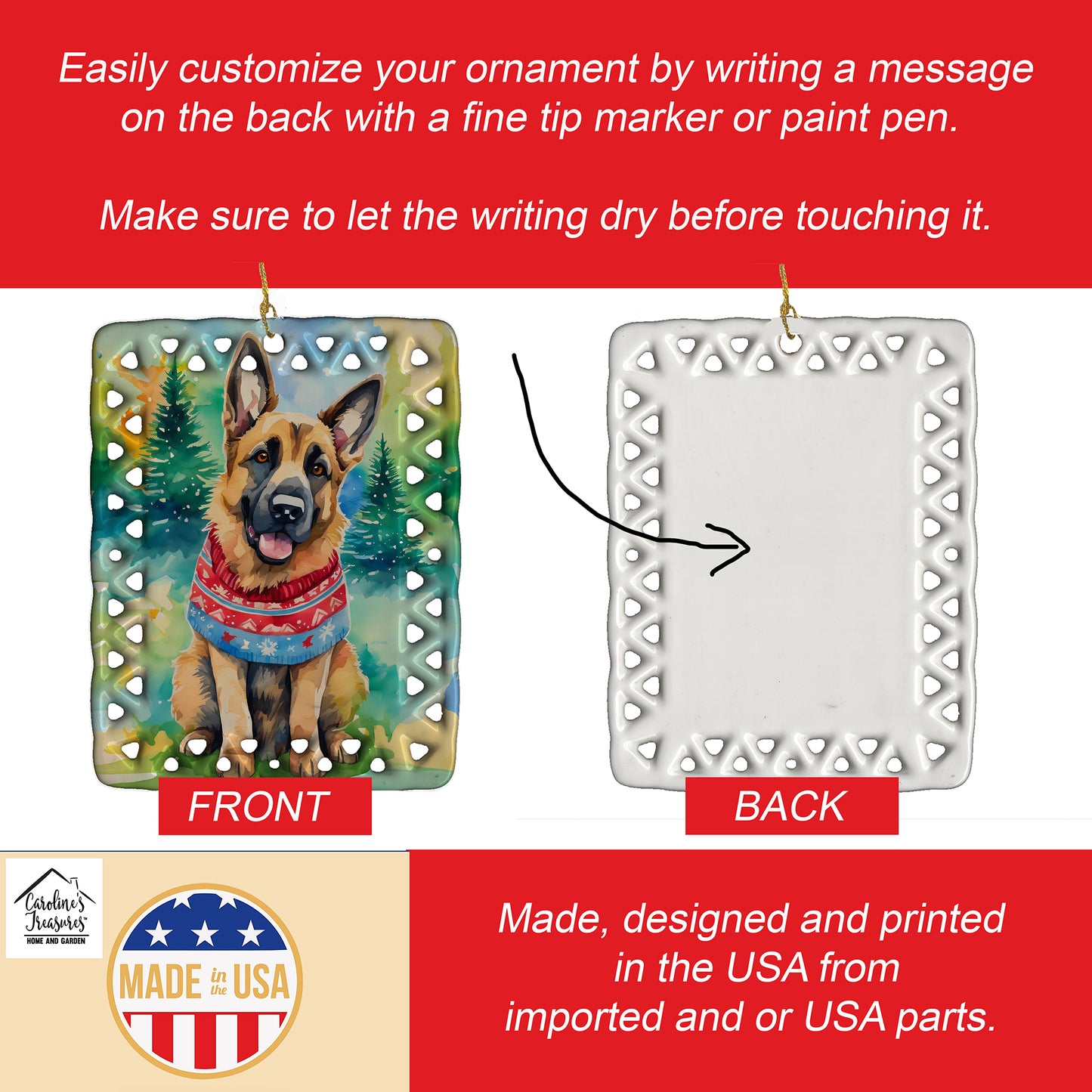 German Shepherd Christmas Porcelain Ornament