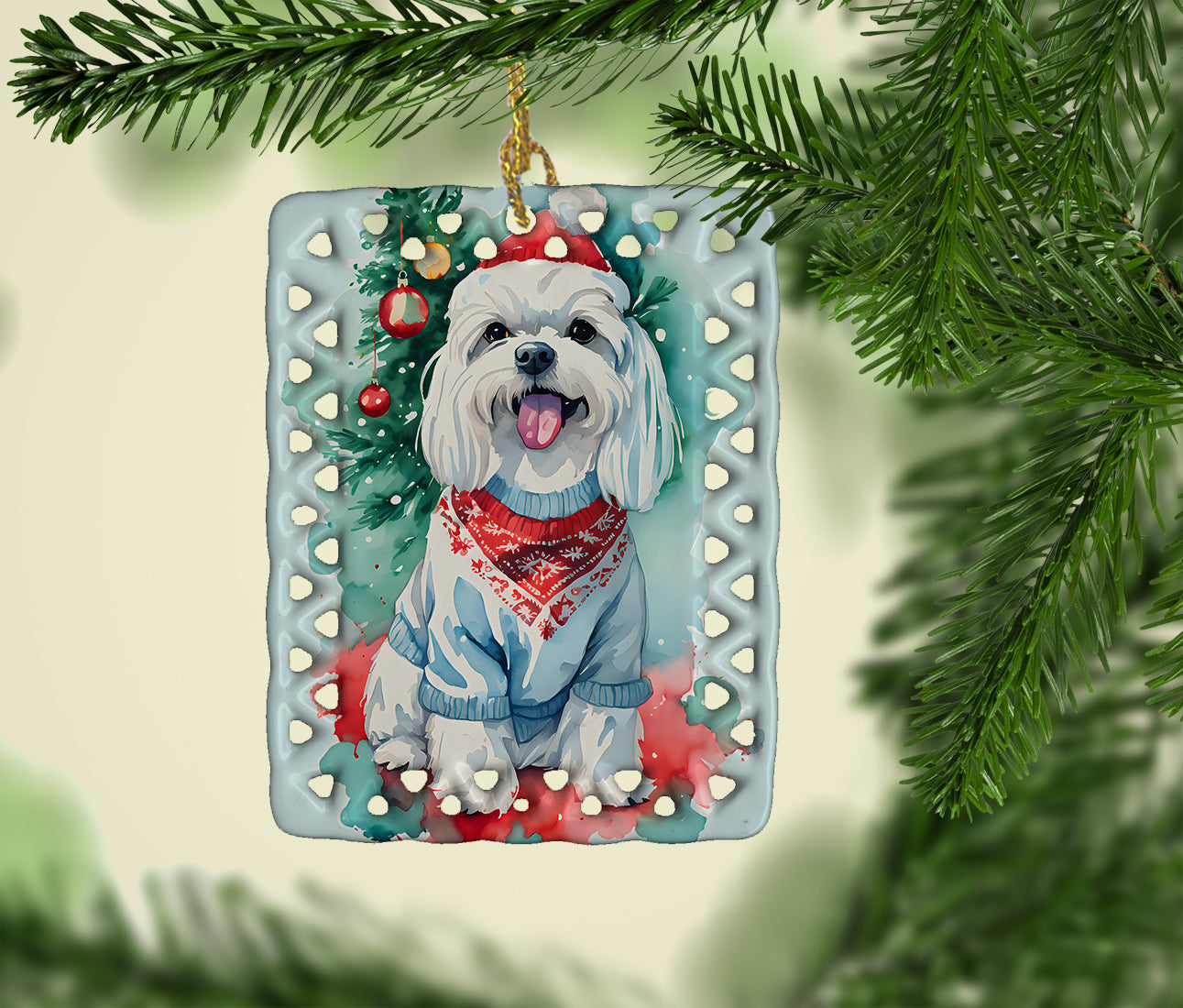 Maltese Christmas Porcelain Ornament