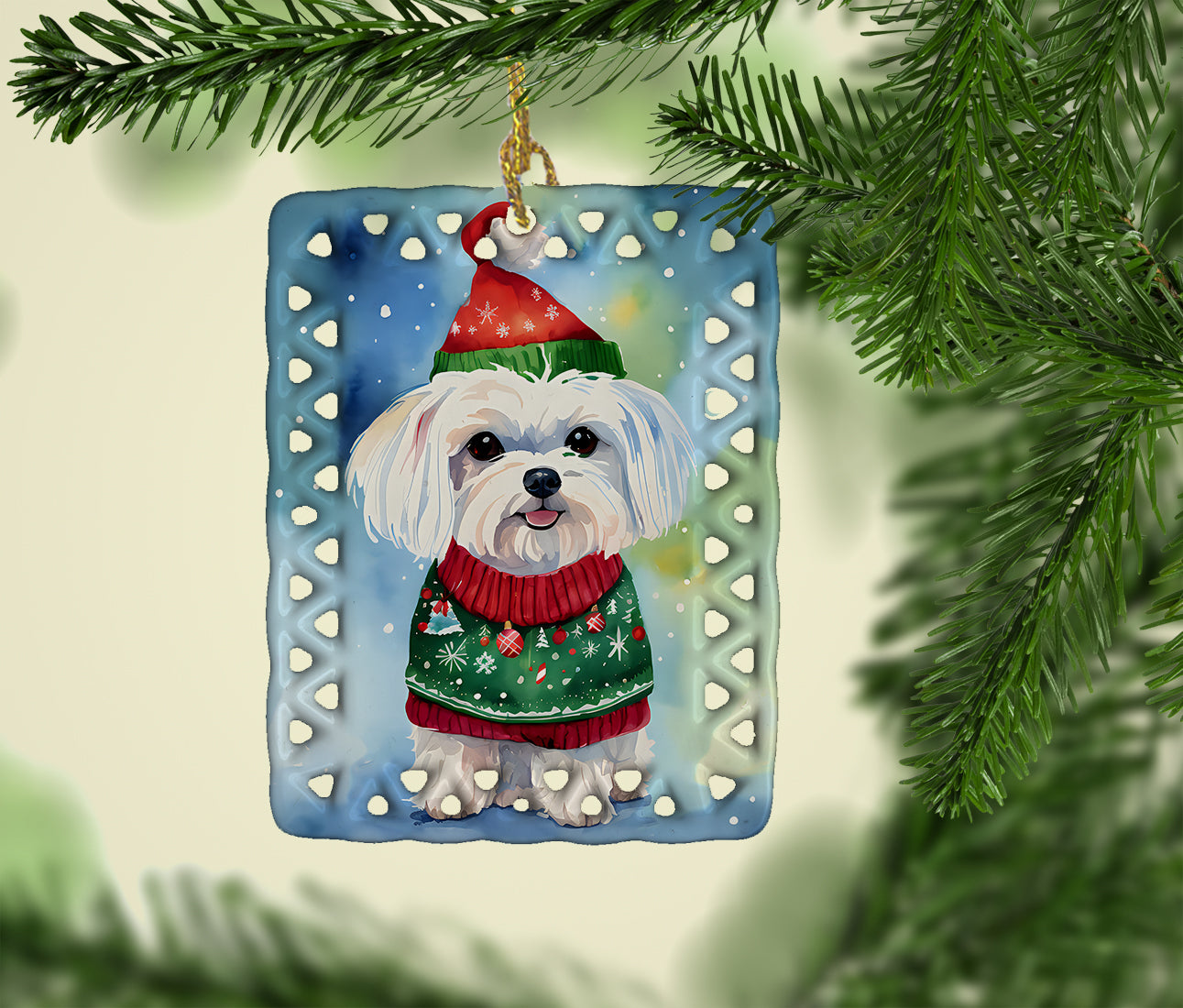 Maltese Christmas Porcelain Ornament