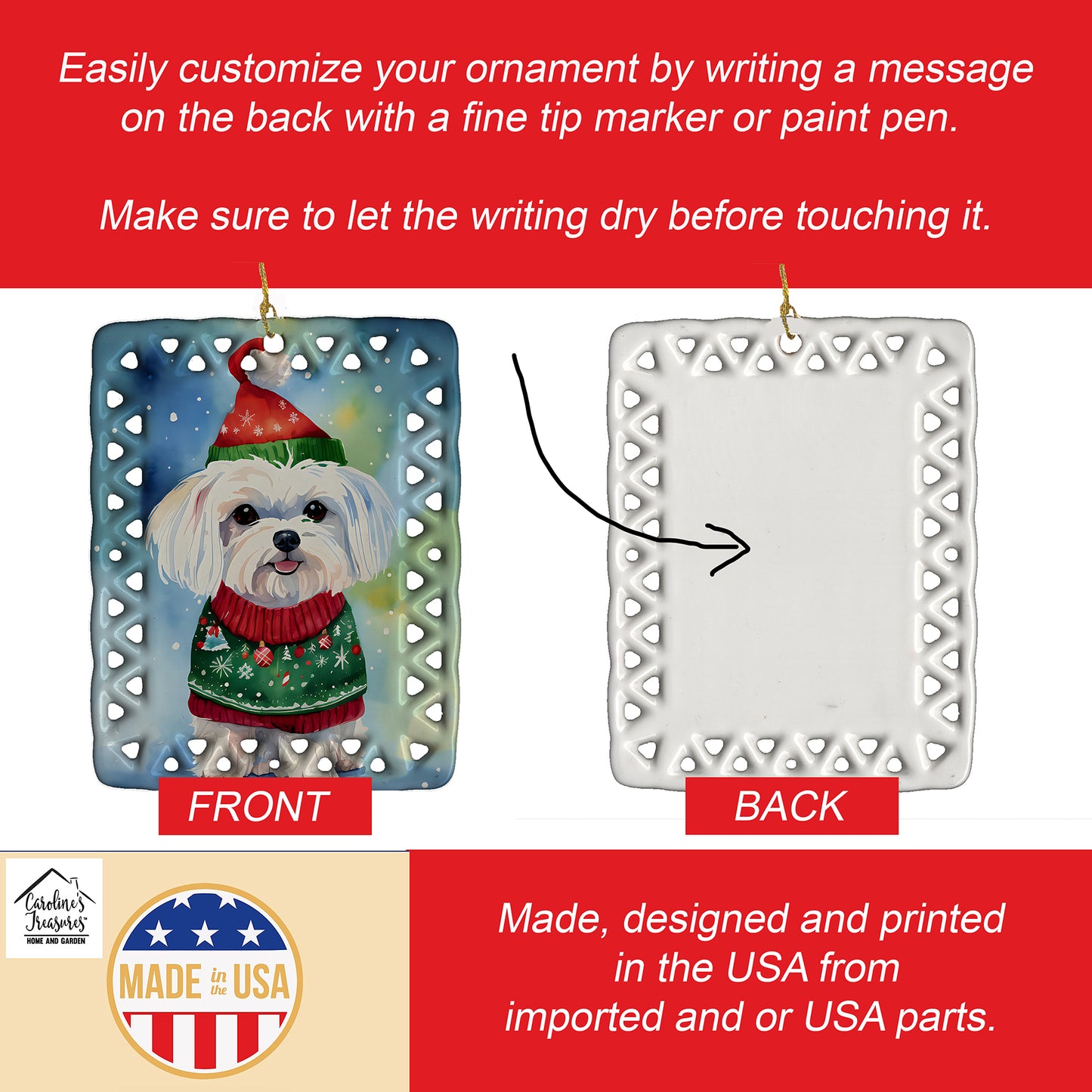 Maltese Christmas Porcelain Ornament