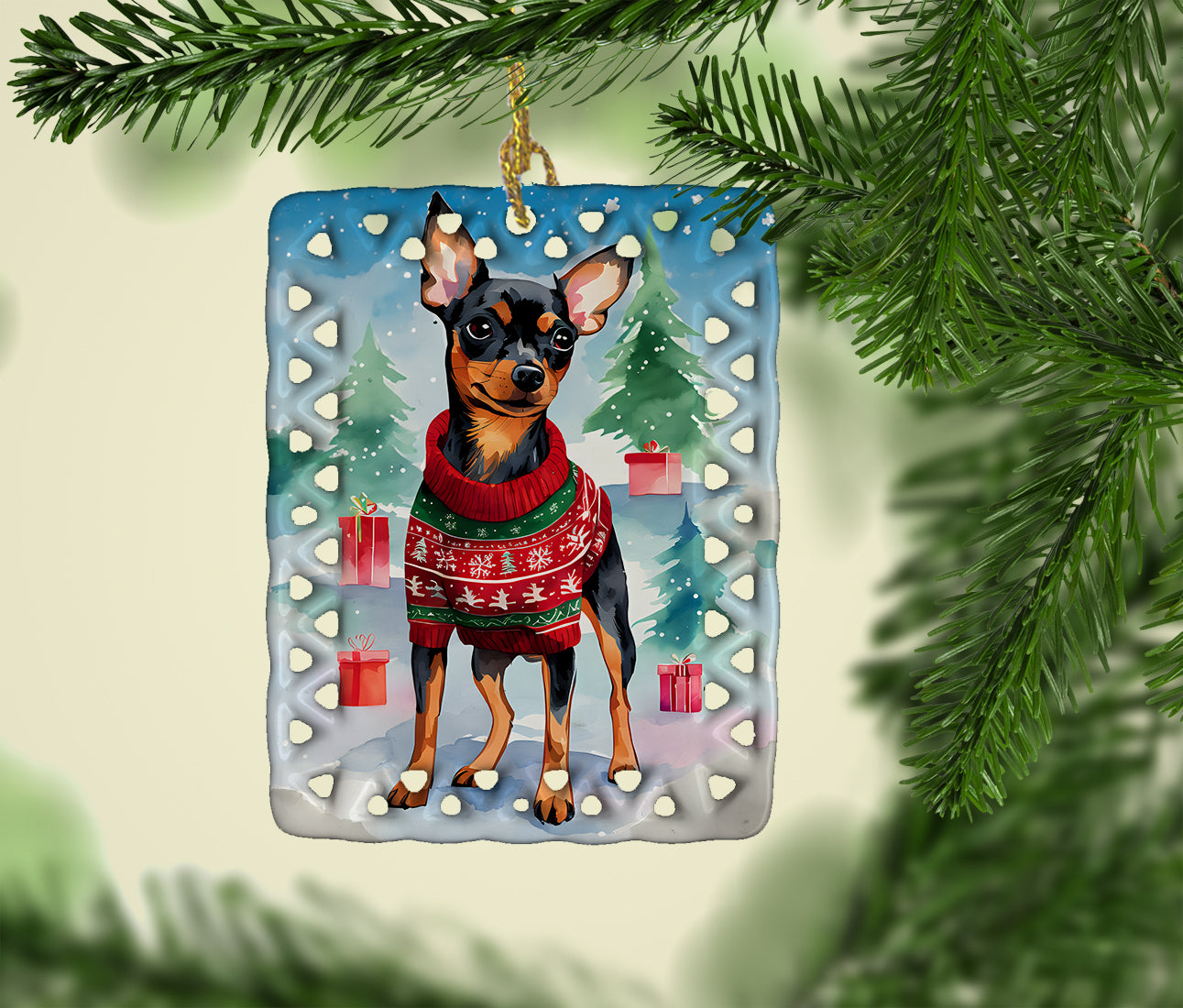 Miniature Pinscher Christmas Porcelain Ornament