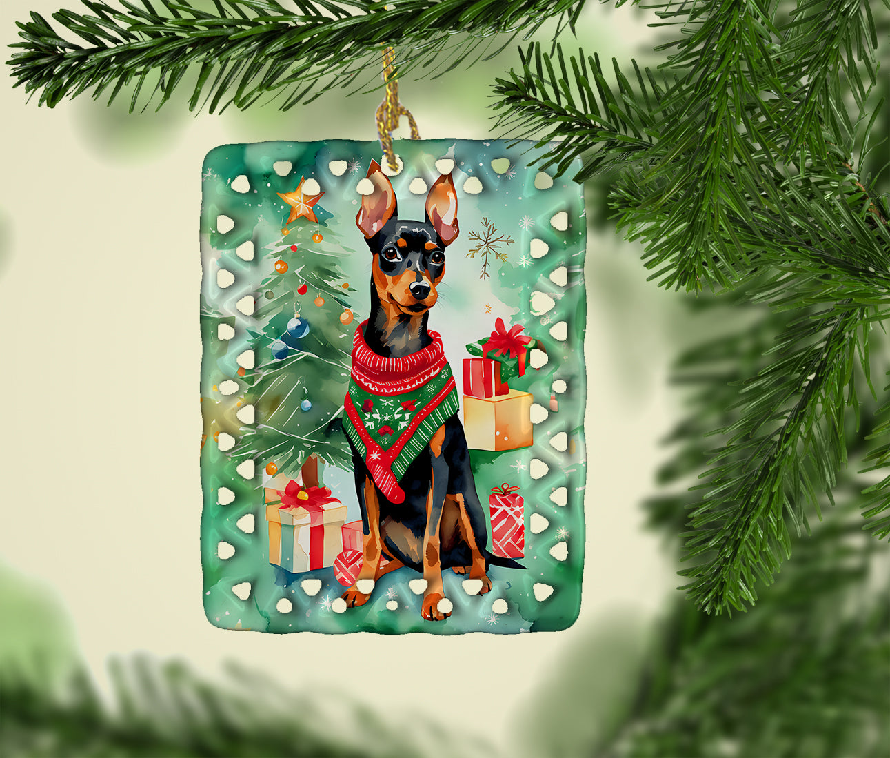 Miniature Pinscher Christmas Porcelain Ornament