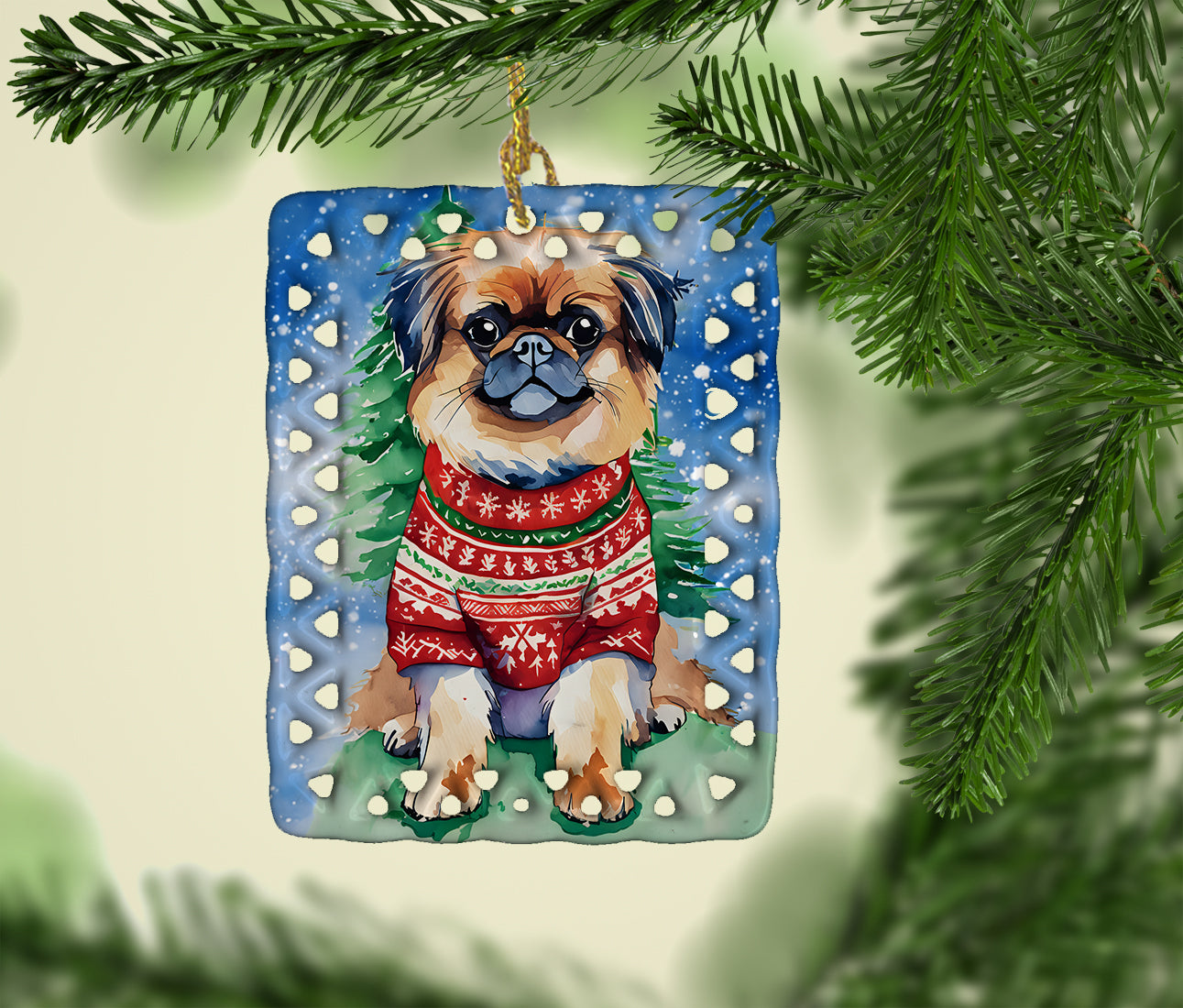 Pekingese Christmas Porcelain Ornament