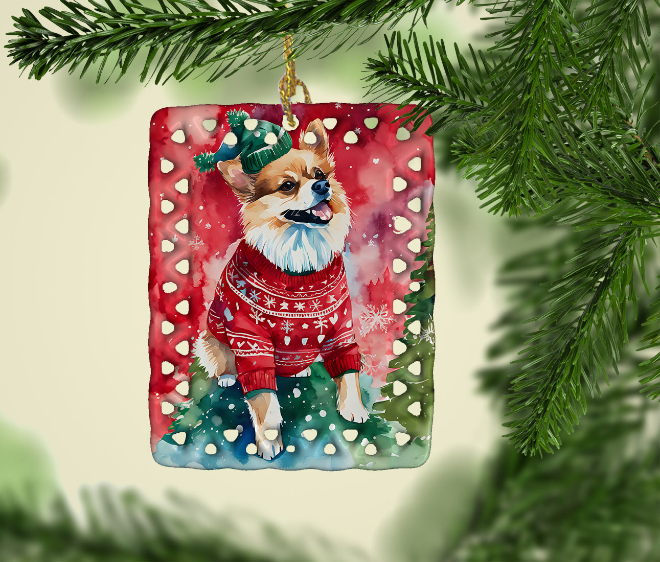 Pomeranian Christmas Porcelain Ornament