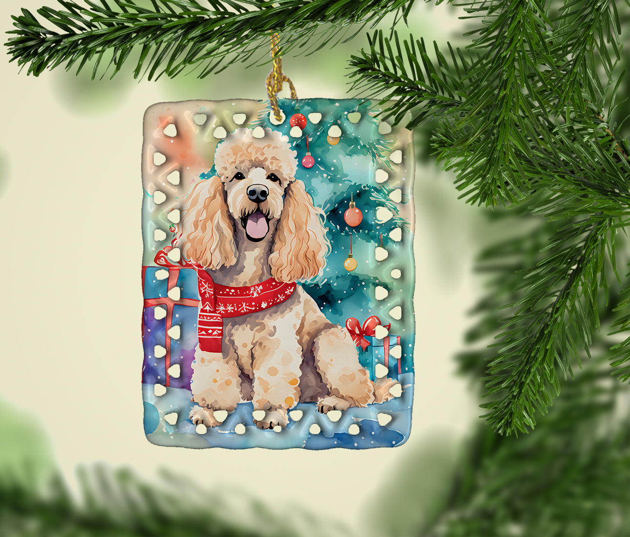 Poodle Christmas Porcelain Ornament