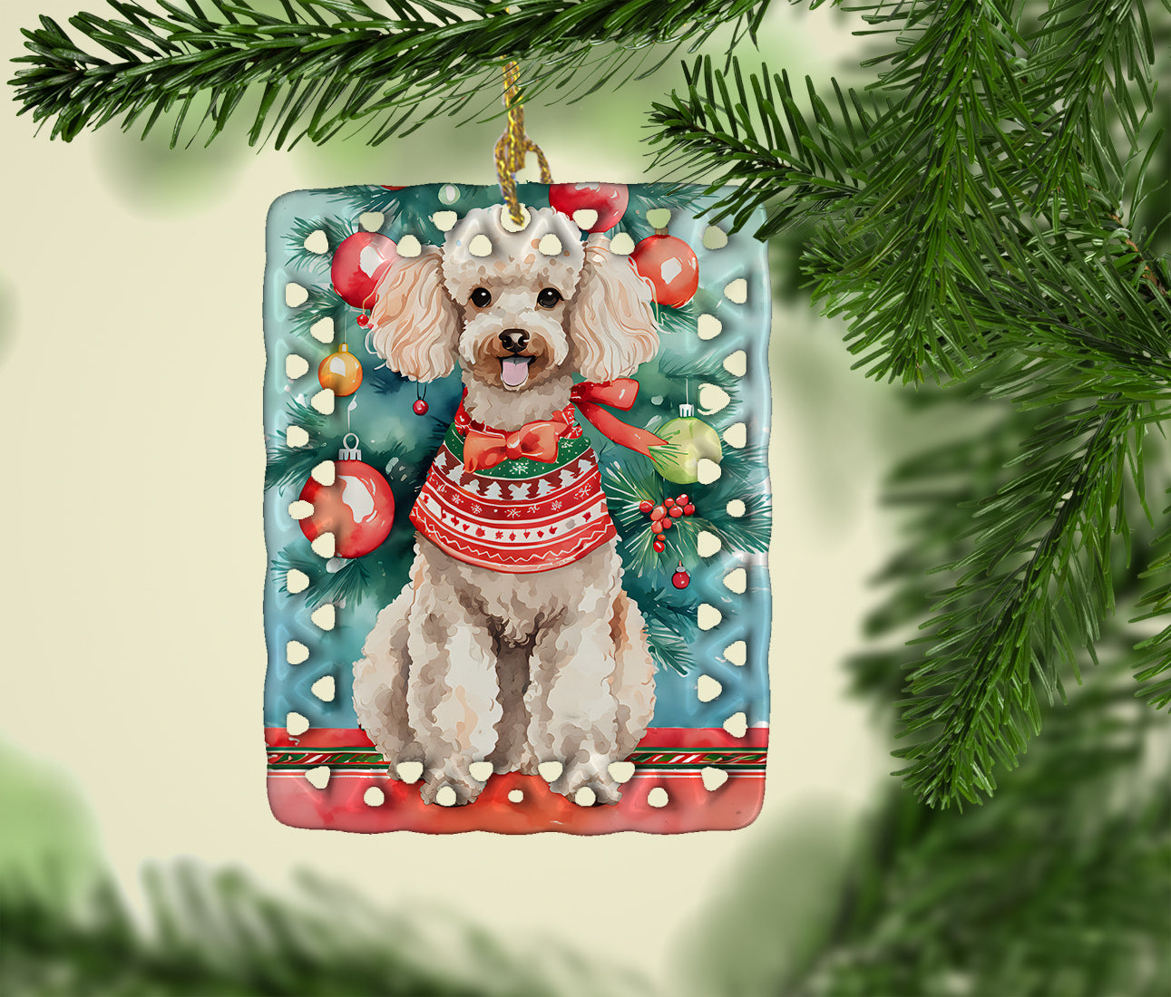 Poodle Christmas Porcelain Ornament