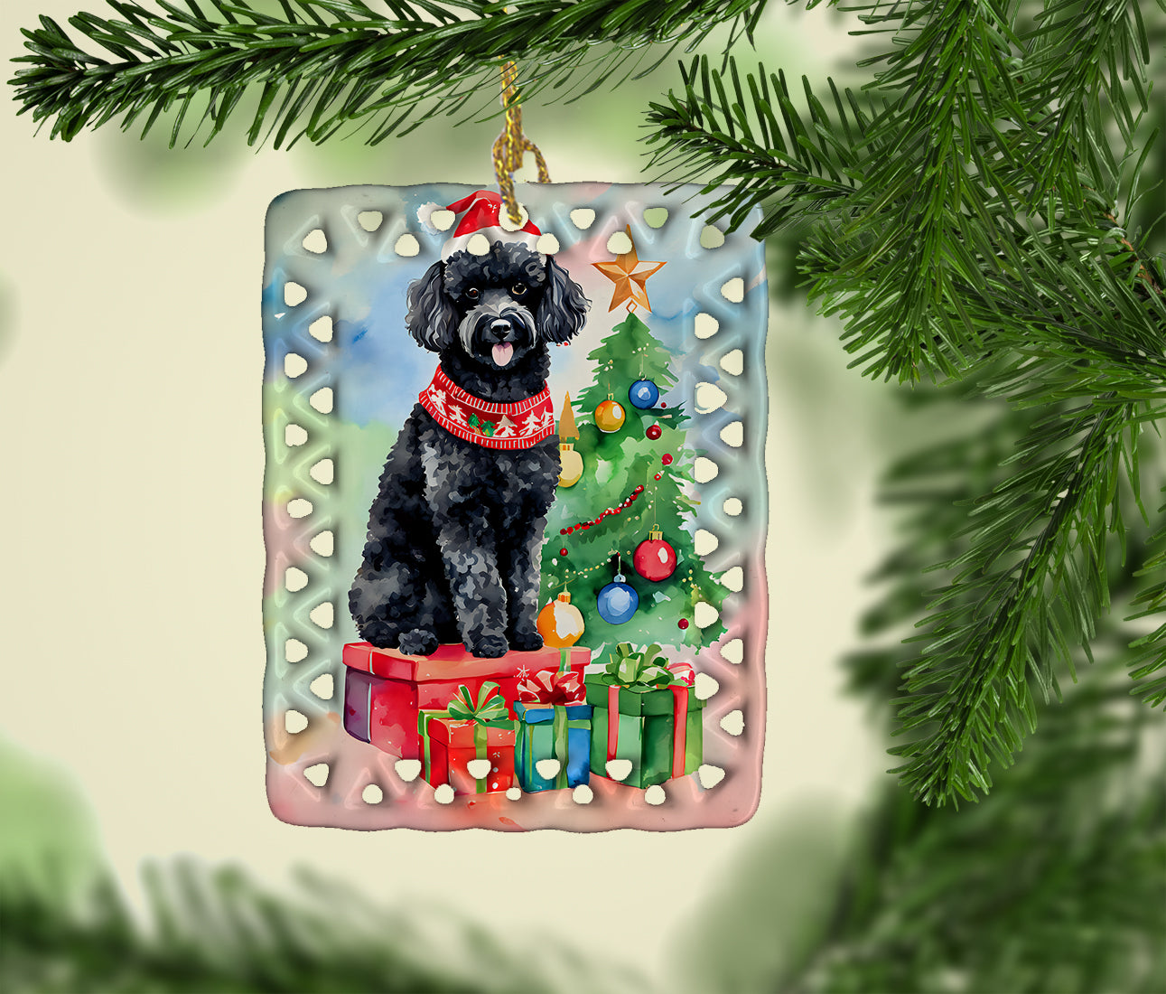 Poodle Christmas Porcelain Ornament