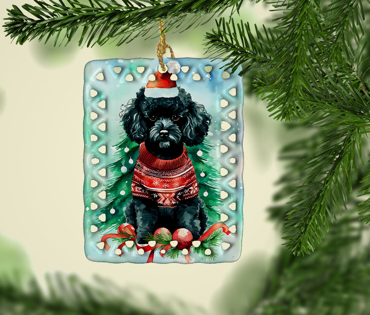 Poodle Christmas Porcelain Ornament