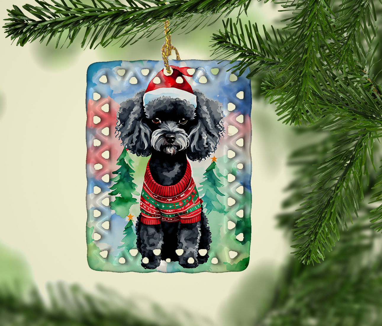 Poodle Christmas Porcelain Ornament