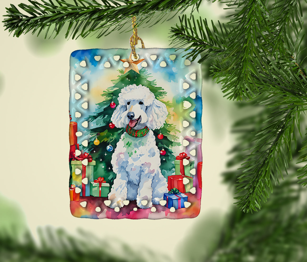 Poodle Christmas Porcelain Ornament