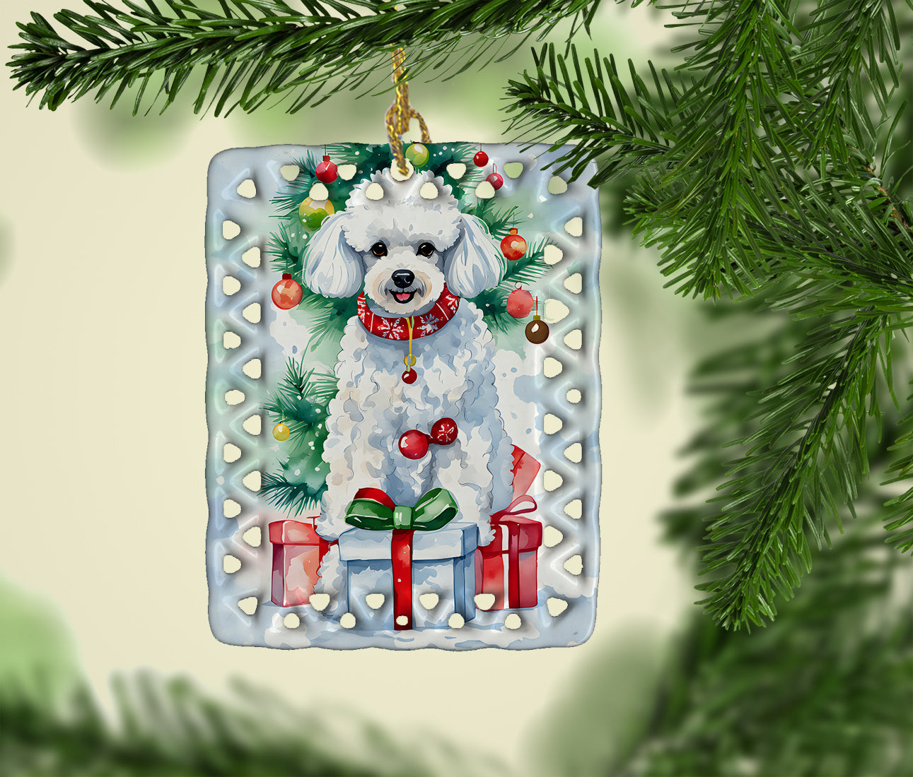 Poodle Christmas Porcelain Ornament