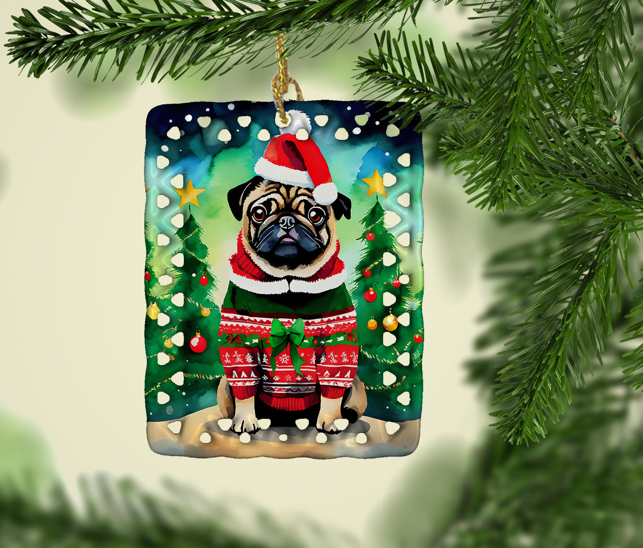 Pug Christmas Porcelain Ornament