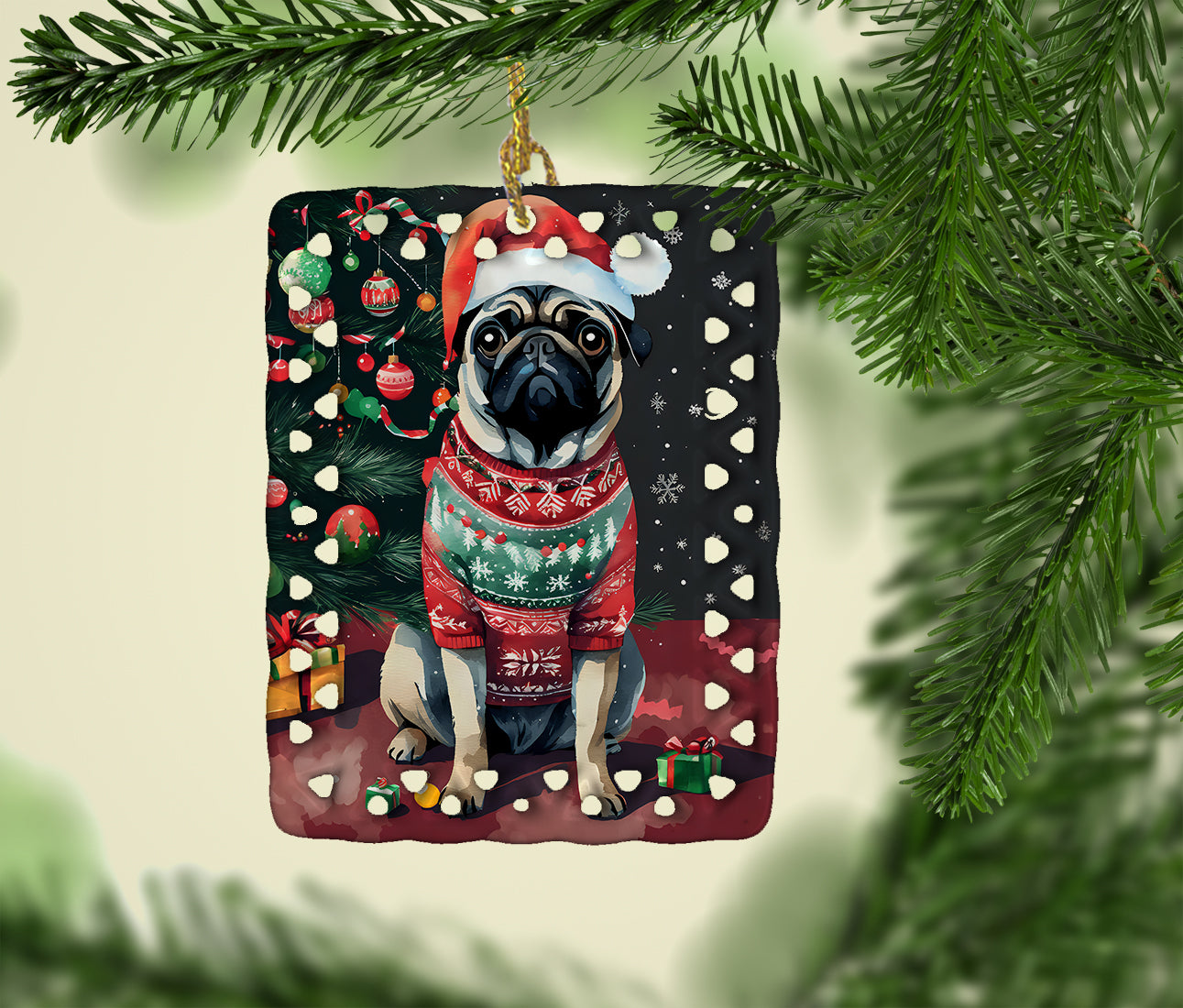 Pug Christmas Porcelain Ornament